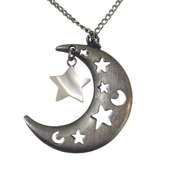 Pewter Moon and Star Necklace with Mother of Pearl Star - Picture 1 of 6